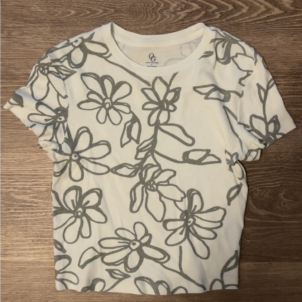 Floral Print Short Sleeve Tee - White and Gray